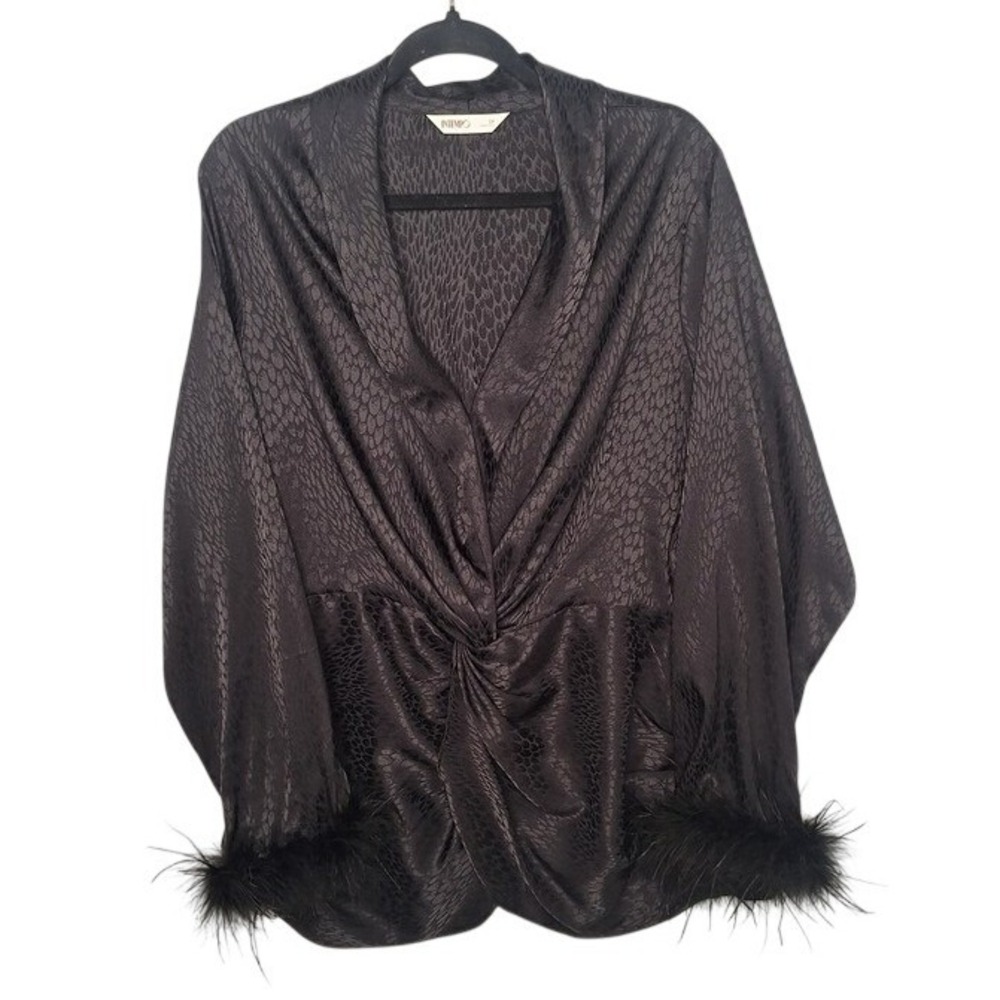 Intempo Womens 2X Black Satin Jacquard Animal Print Feather Cuff Twist Front Top
